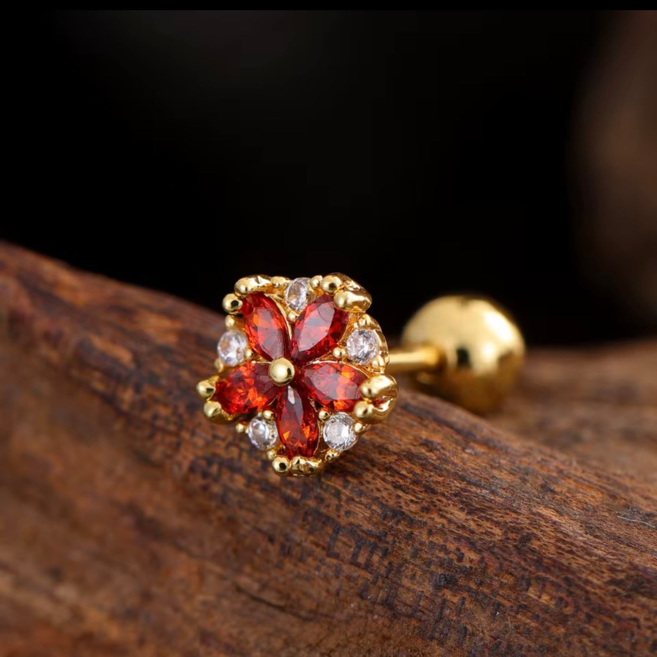 Red Flower Ear Stud